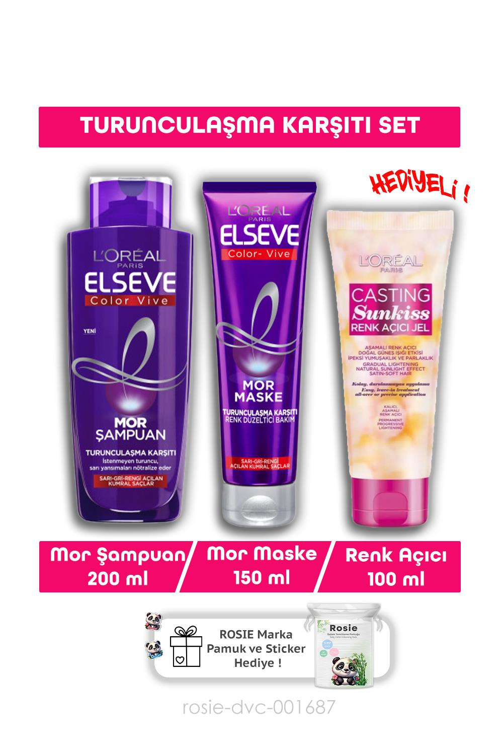 Elseve Turunculaşma Karşıtı Mor Şampuan 200ml + Saç Maskesi 150ml, Casting Sunkiss Renk Açıcı Jel 100 ml ve ROSIE