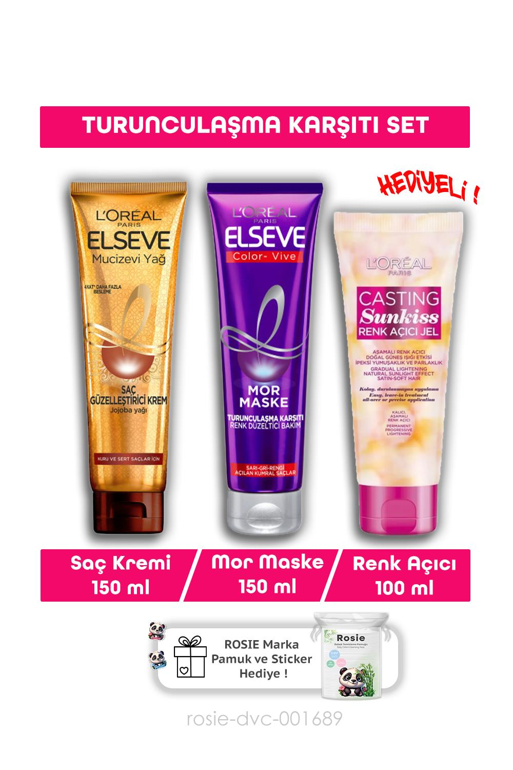 Elseve Turunculaşma Karşıtı Mor Şampuan 200 ml, Jojoba Yağı Krem 150 ml,  Sunkiss Renk Açıcı Jel 100 ml ve ROSIE