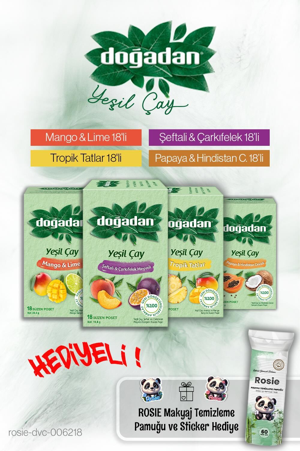 Doğadan 4 Paket Yeşil Çay Ailesi 18'li Paketler ve Rosie Pamuk Hediyeli