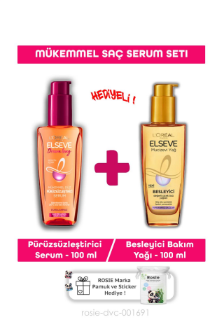 Elseve Sarı Saç Kurtarıcı Bakım Seti Mor Şampuan 200 ml, Mucizevi Yağ 100 ml, Pürüzsüzleştirici Serum 100 ml ve ROSIE
