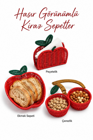 Hasır Görünümlü Kiraz Sepet Seti – Ekmek Sepeti, Çerezlik ve Peçetelik 3’lü Set