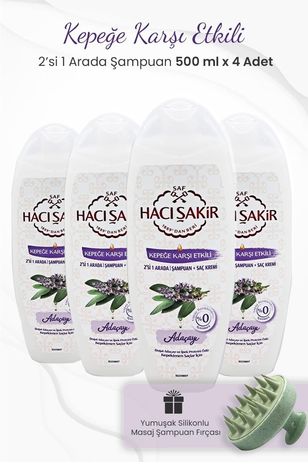 Hacı Şakir Adaçayı 2si 1 Arada Şampuan 500 ml x 4 Adet ve Şampuan Fırçası Yeşil