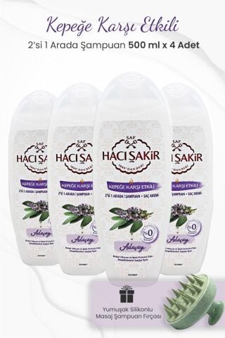 Hacı Şakir Adaçayı 2si 1 Arada Şampuan 500 ml x 4 Adet ve Şampuan Fırçası Yeşil