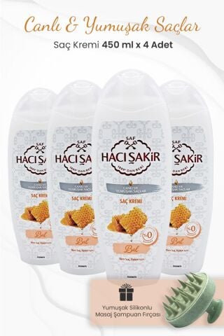 Hacı Şakir Bal Saç Kremi Canlı Ve Yumuşak Saçlar 450 ml x 4 Adet ve Şampuan Fırçası Yeşil