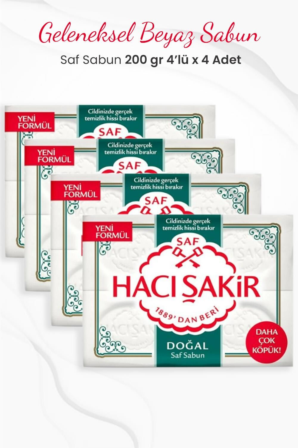 Hacı Şakir Doğal Saf Geleneksel Beyaz Sabun 4 x 200 gr x 4 Adet
