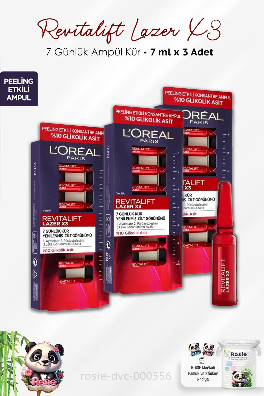 Loreal Paris 3 Adet Revitalift Lazer X3 Peeling Etkili 7 Günlük Ampül Kür ve ROSIE