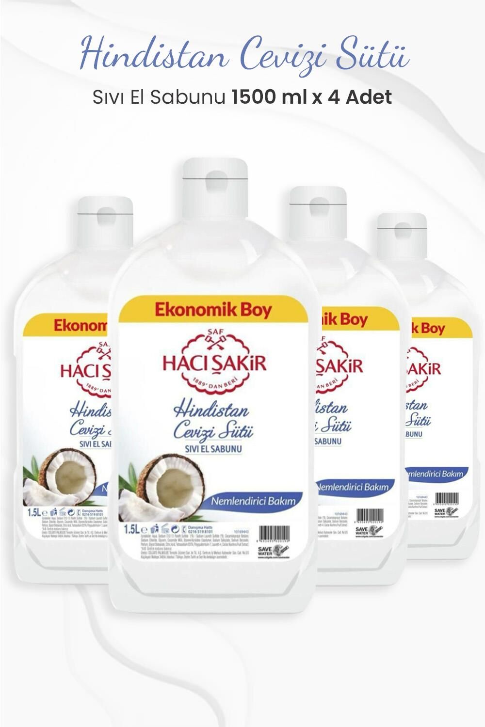 Hacı Şakir Hindistan Cevizi Nemlendirci Sıvı El Sabunu 1500 ml x 4 Adet