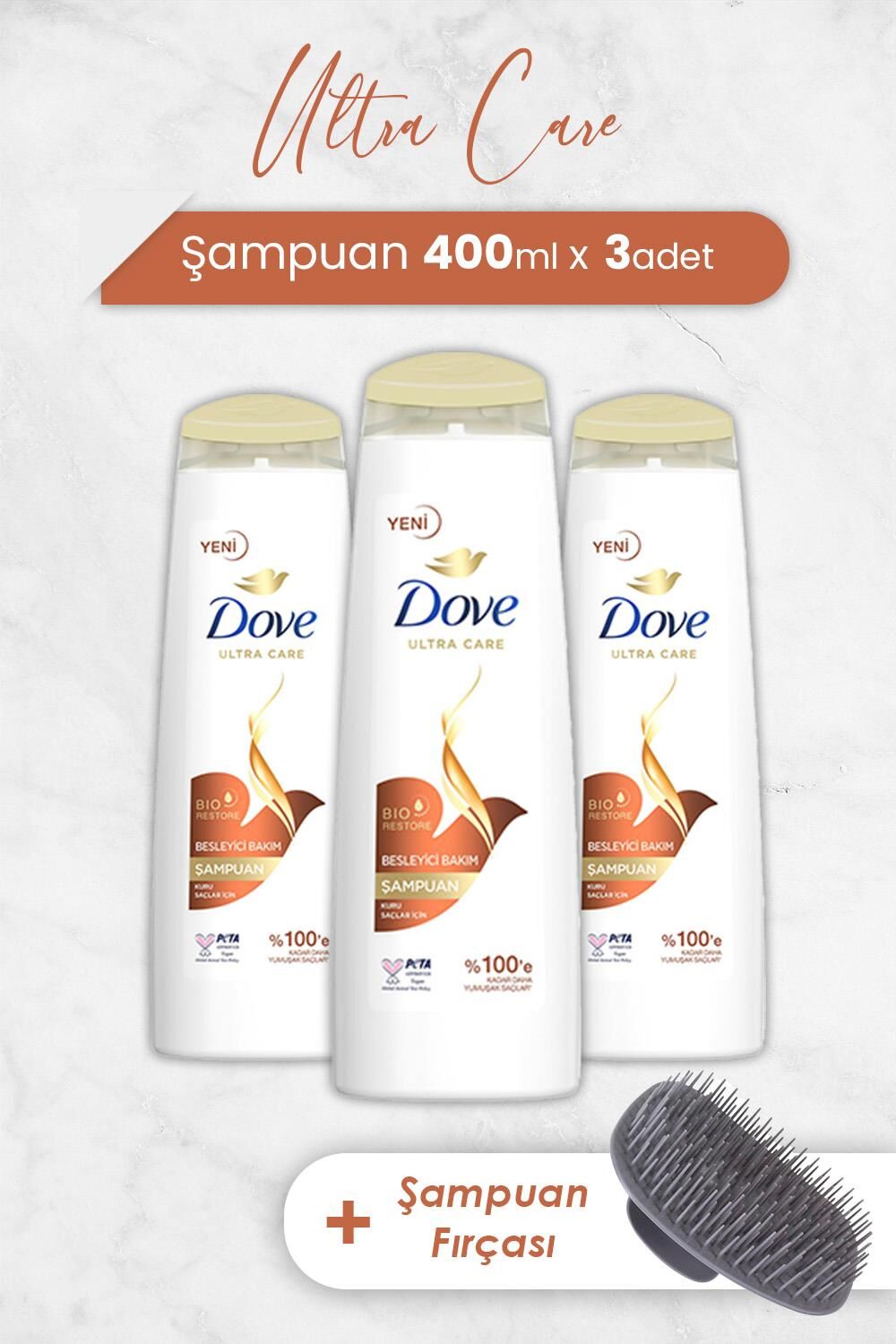 Dove Ultra Care Şampuan Besleyici Bakım 400 ml x 3 Adet ve Şampuan Fırçası