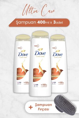 Dove Ultra Care Şampuan Besleyici Bakım 400 ml x 3 Adet ve Şampuan Fırçası