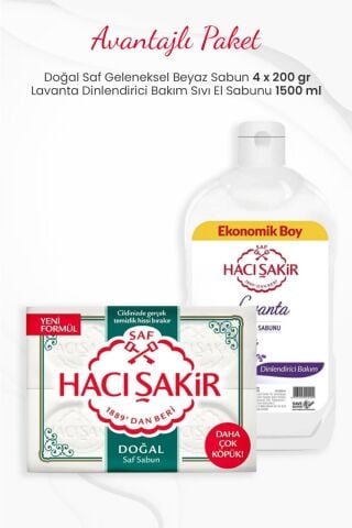 Hacı Şakir Doğal Saf Beyaz Sabun 4'lü ve Lavanta Sıvı El Sabunu 1500 ml