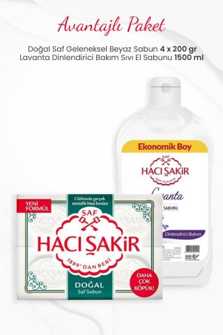 Hacı Şakir Doğal Saf Beyaz Sabun 4'lü ve Lavanta Sıvı El Sabunu 1500 ml