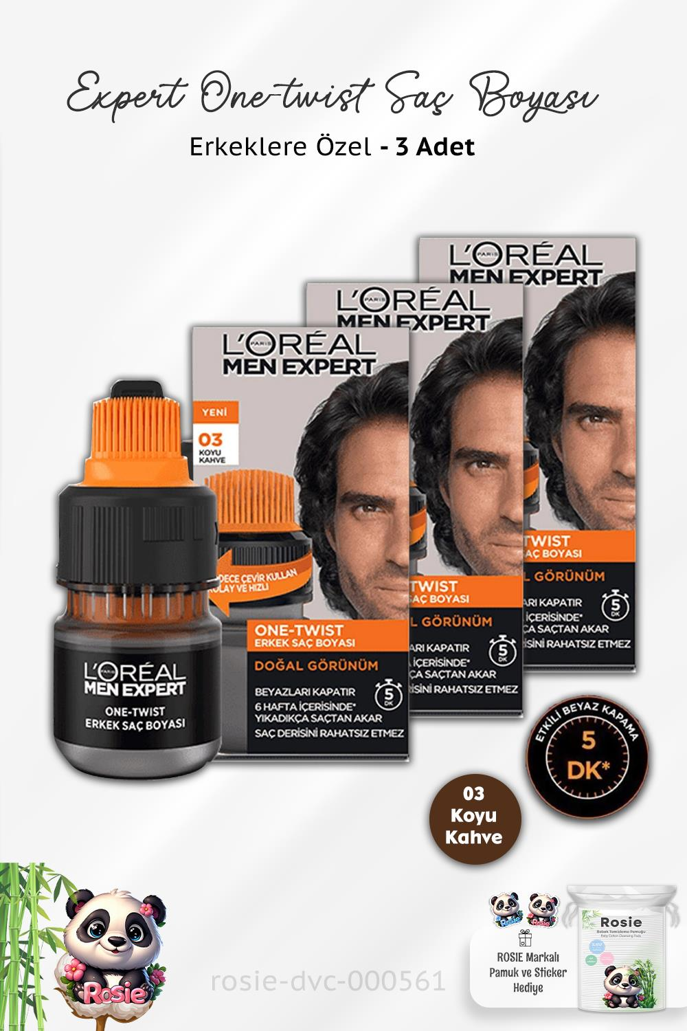 3 Adet Loreal Paris Men Expert One-twist Erkek Saç Boyası 03 Koyu Kahve ve ROSIE