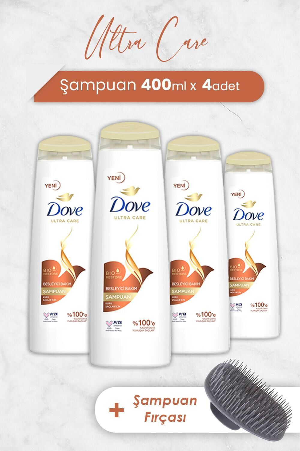 Dove Ultra Care Şampuan Besleyici Bakım 400 ml x 4 Adet ve Şampuan Fırçası