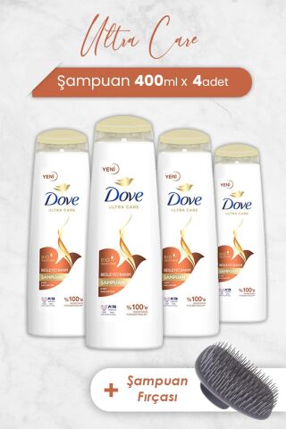 Dove Ultra Care Şampuan Besleyici Bakım 400 ml x 4 Adet ve Şampuan Fırçası