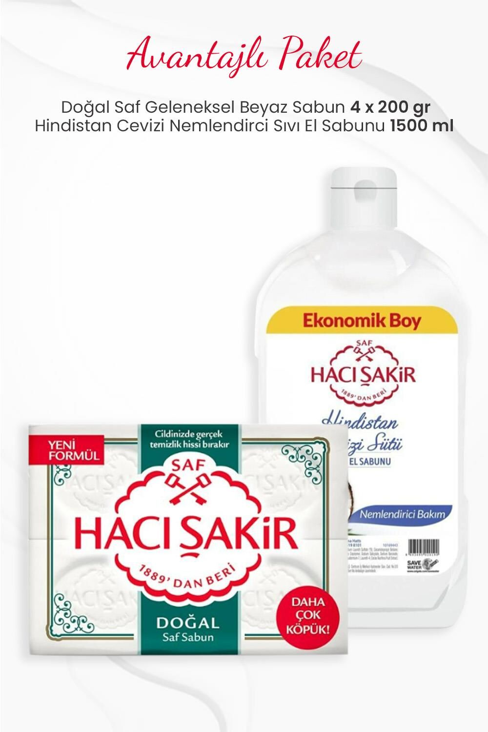 Hacı Şakir 4'lü Doğal Saf Beyaz Sabun ve Hindistan Cevizi Sıvı El Sabunu 1500 ml