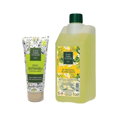 Eyüp Sabri Tuncer Doğal Zeytinyağlı El & Vücut Kremi 215 ml ve Klasik Limon Kolonyası 1 Lt