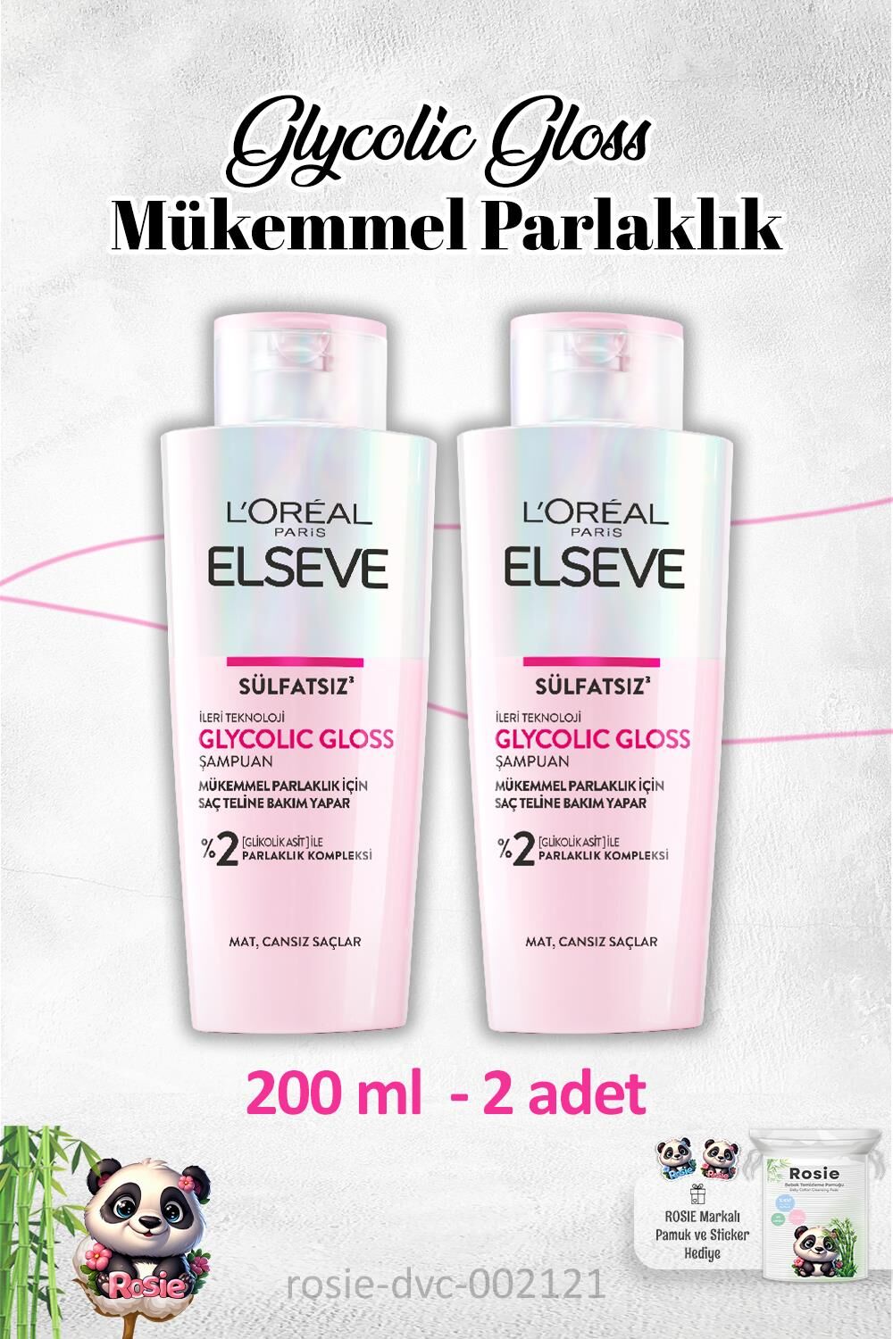 Elseve Glycolic Gloss Mükemmel Parlaklık 200ml X 2 ve Rosie Pamuk