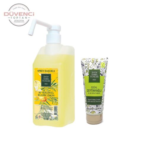 Eyüp Sabri Tuncer Doğal Zeytinyağlı El & Vücut Kremi 215 ml ve Klasik Limon Kolonyası 1 Lt Sprey