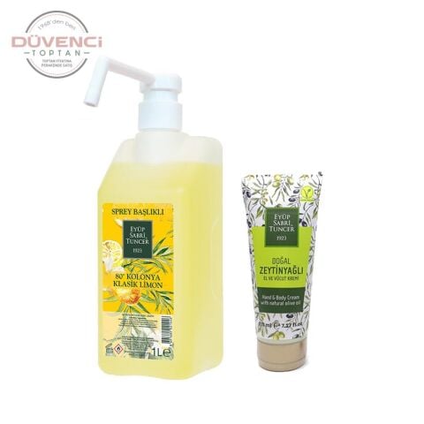 Eyüp Sabri Tuncer Doğal Zeytinyağlı El & Vücut Kremi 215 ml ve Klasik Limon Kolonyası 1 Lt Sprey