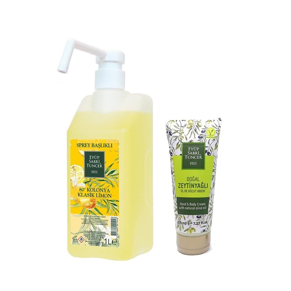 Eyüp Sabri Tuncer Doğal Zeytinyağlı El & Vücut Kremi 215 ml ve Klasik Limon Kolonyası 1 Lt Sprey