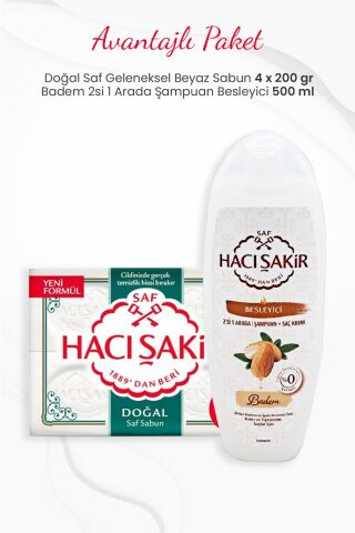 Hacı Şakir 4'lü Doğal Saf Beyaz Sabun ve Badem 2si 1 Arada Şampuan Besleyici 500 ml