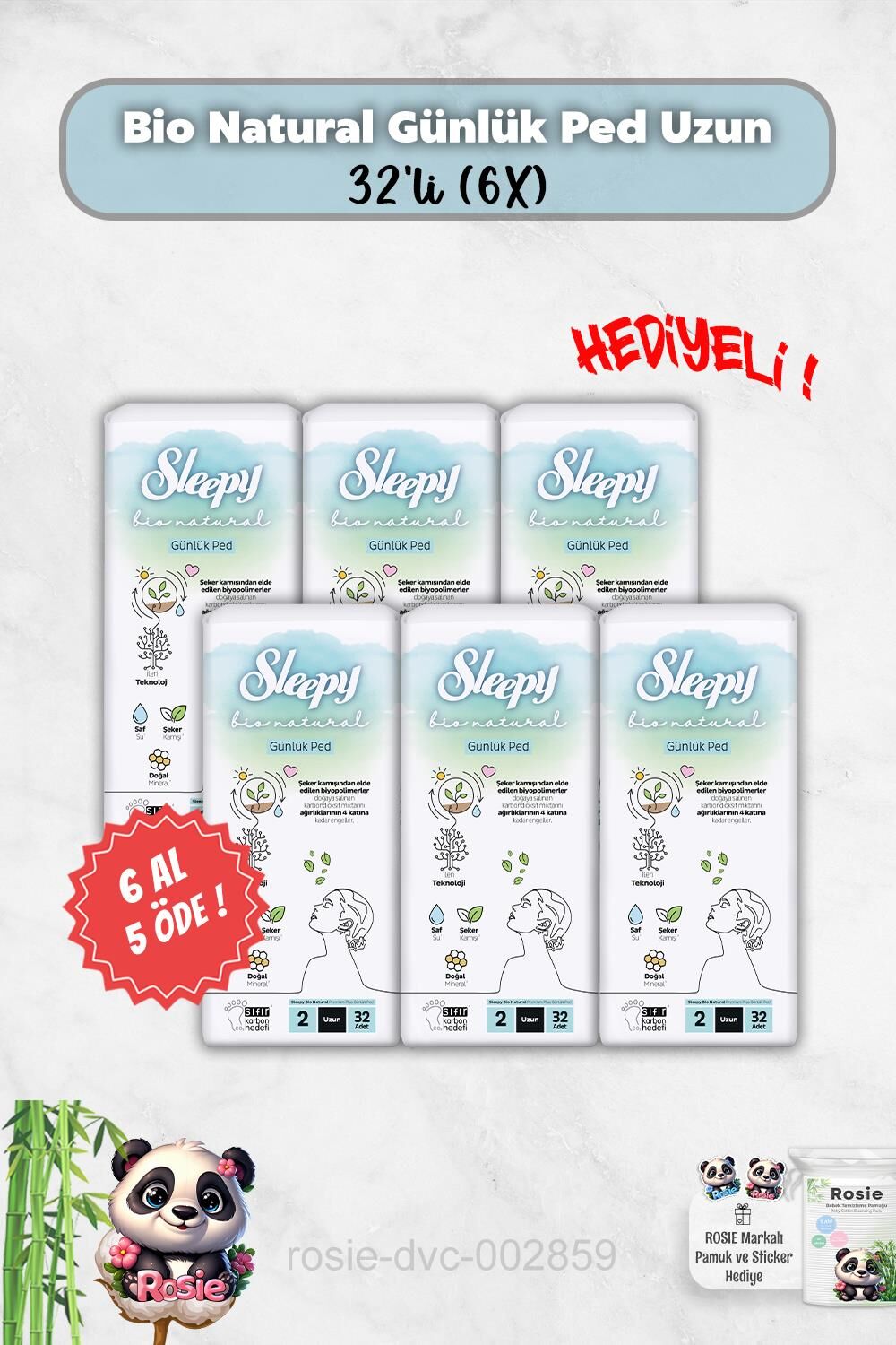 Bio Natural 6 Al 5 Öde Günlük Ped Uzun 32'li ve Rosie Hediye