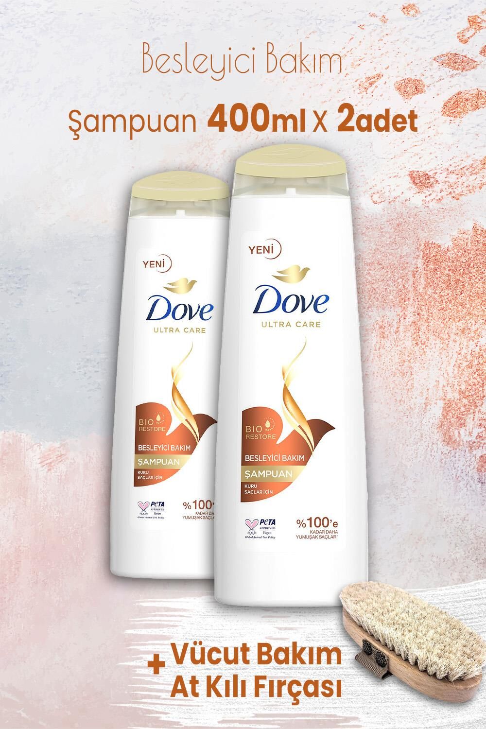 Dove Ultra Care Şampuan Besleyici Bakım 400 ml x 2 Adet ve Vücut Bakım At Kılı Fırçası