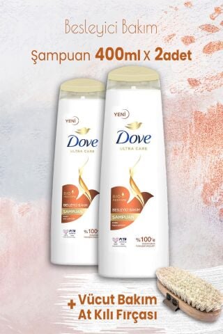 Dove Ultra Care Şampuan Besleyici Bakım 400 ml x 2 Adet ve Vücut Bakım At Kılı Fırçası