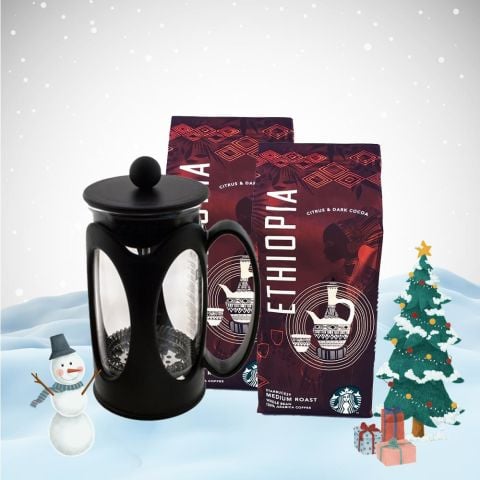 Starbucks Ethiopia Arabica Çekirdek Kahve x 2 ve French Press Hediyeli Yılbaşı Seti