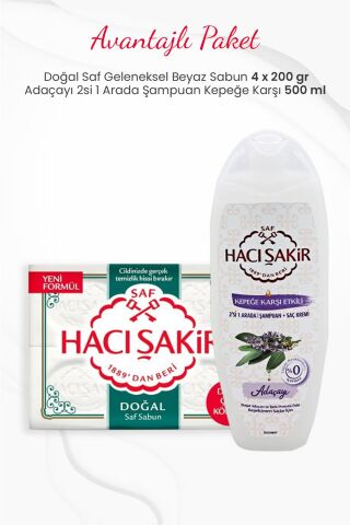 Hacı Şakir 4'lü Doğal Saf Beyaz Sabun ve Adaçayı 2si 1 Arada Şampuan Kepeğe Karşı 500 ml