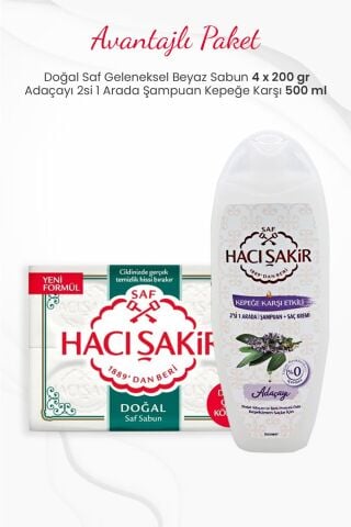 Hacı Şakir 4'lü Doğal Saf Beyaz Sabun ve Adaçayı 2si 1 Arada Şampuan Kepeğe Karşı 500 ml