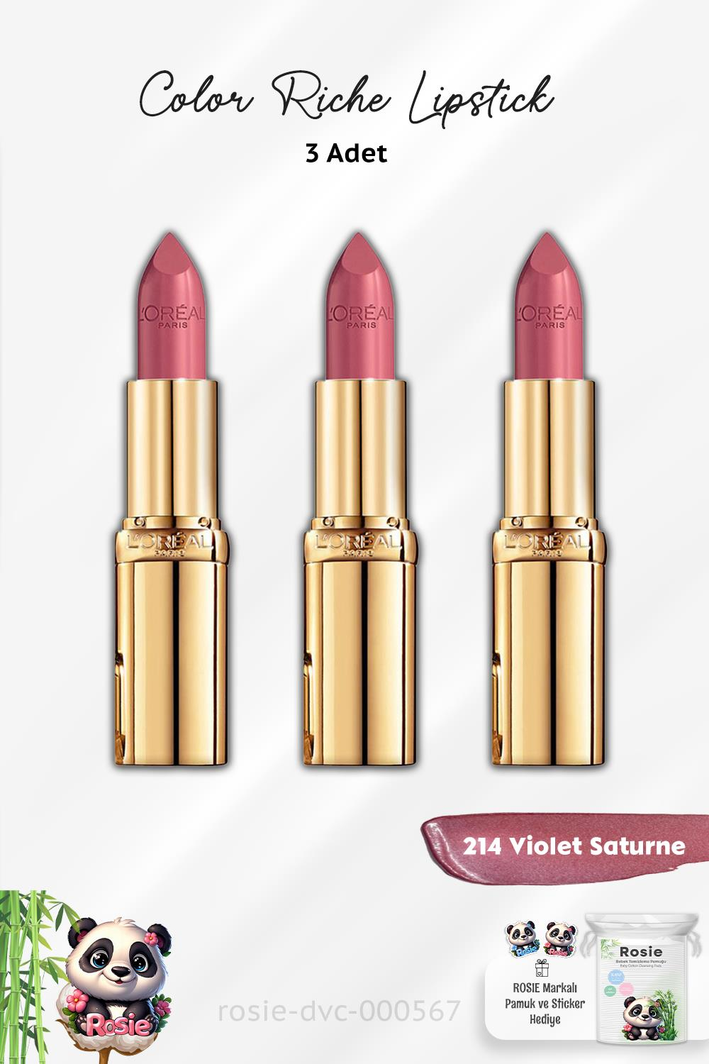 3 Adet Loreal Paris Color Riche Lipstick 214 Violet Saturne ve ROSIE Pamuk