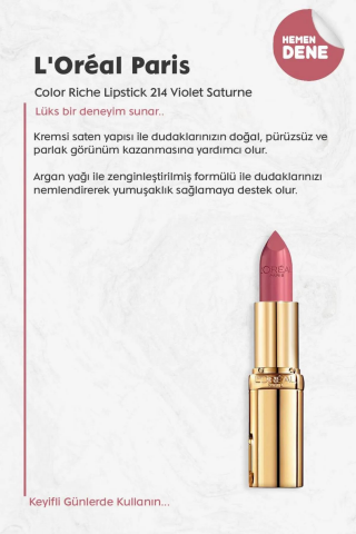 3 Adet Loreal Paris Color Riche Lipstick 214 Violet Saturne ve ROSIE Pamuk