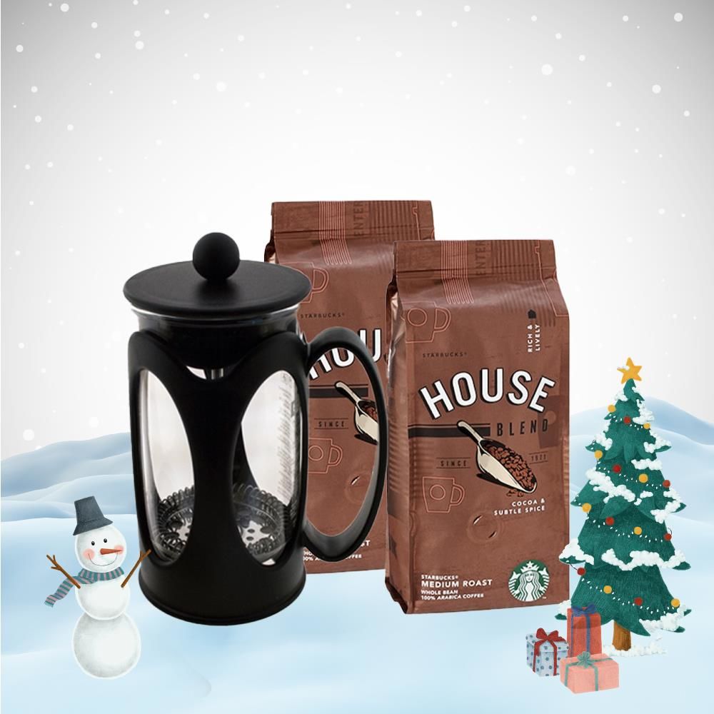 Starbucks House Blend Çekirdek Kahve x 2 ve French Press Hediyeli Yılbaşı Seti