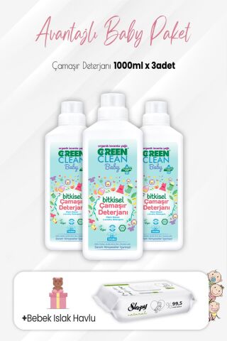 Green Clean Baby Çamaşır Deterjanı 1 lt x 3 Adet ve Natural Yenidoğan 60'lı