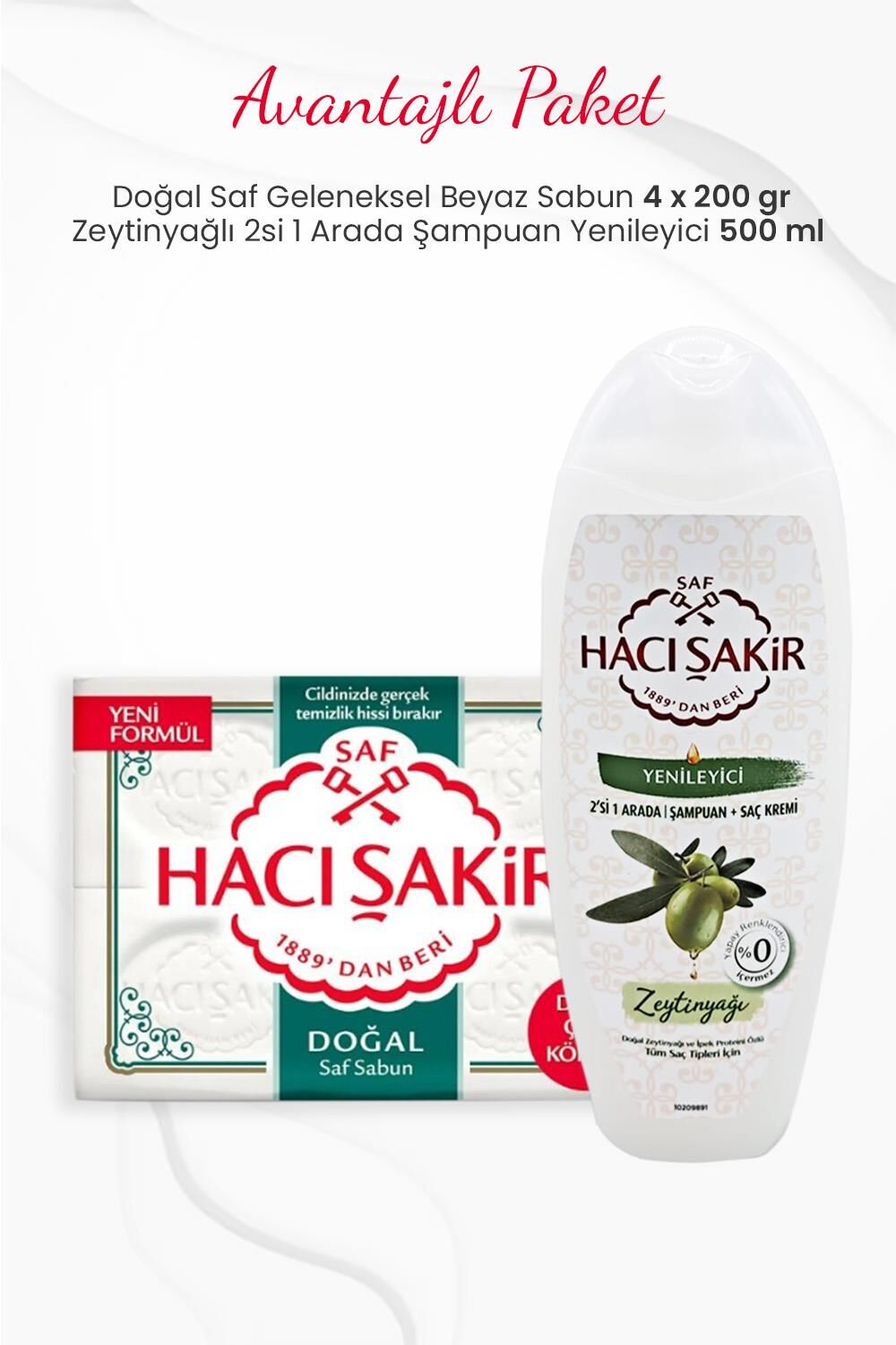 Hacı Şakir 4'lü Doğal Saf Beyaz Sabun ve Zeytinyağlı 2si 1 Arada Şampuan Yenileyici 500 ml