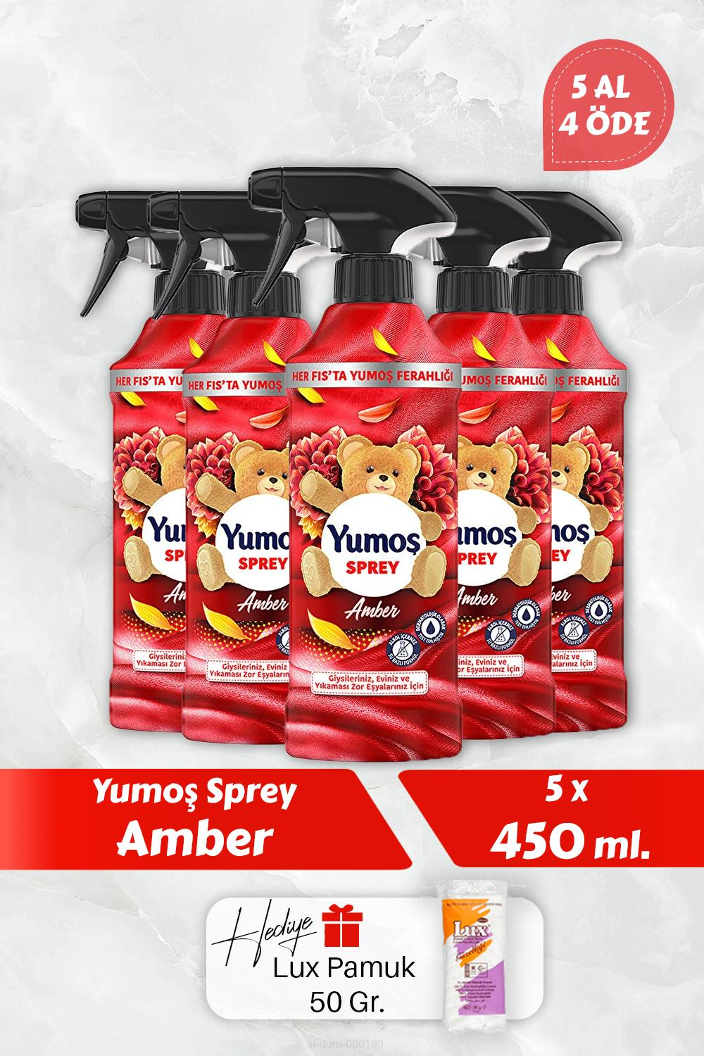 Yumoş Amber Sprey, 5 AL 4 Öde 450 ml, Pamuk Hediyeli