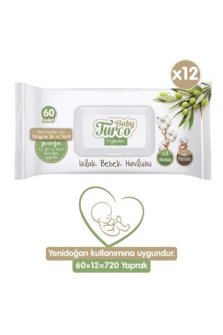 Baby Turco Doğadan Yenidoğan Islak Bebek Havlusu 12x60 Yaprak