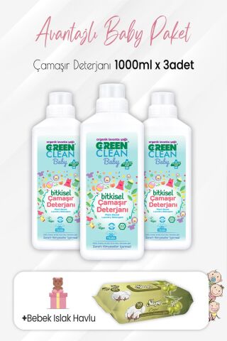 Green Clean Baby Deterjan 1000 ml x 3 Adet ve Zeytinyağlı Pamuklu 50'li