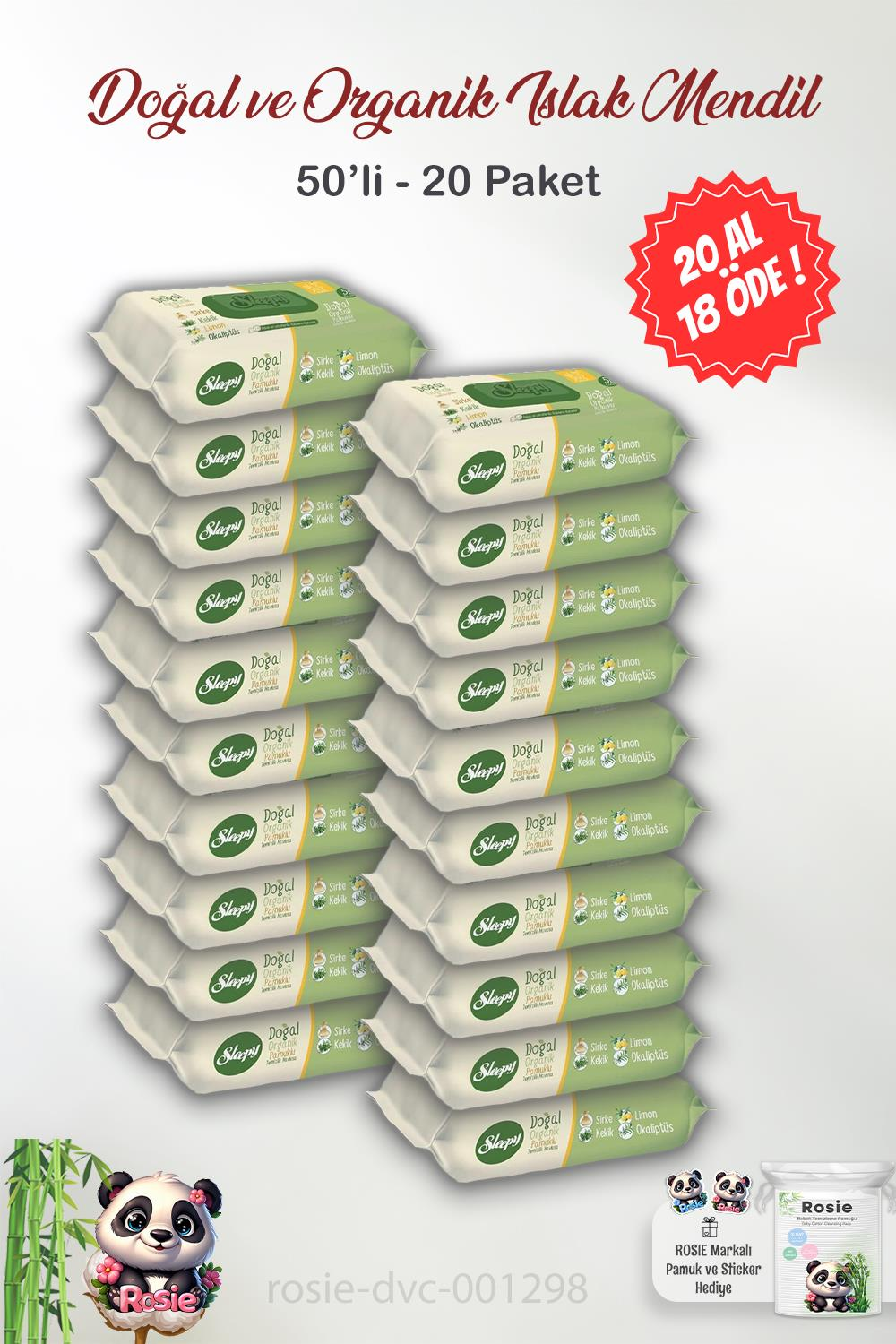 20 AL 18 ÖDE Sleepy Doğal Ve Organik Islak Mendil 50'li ve ROSIE
