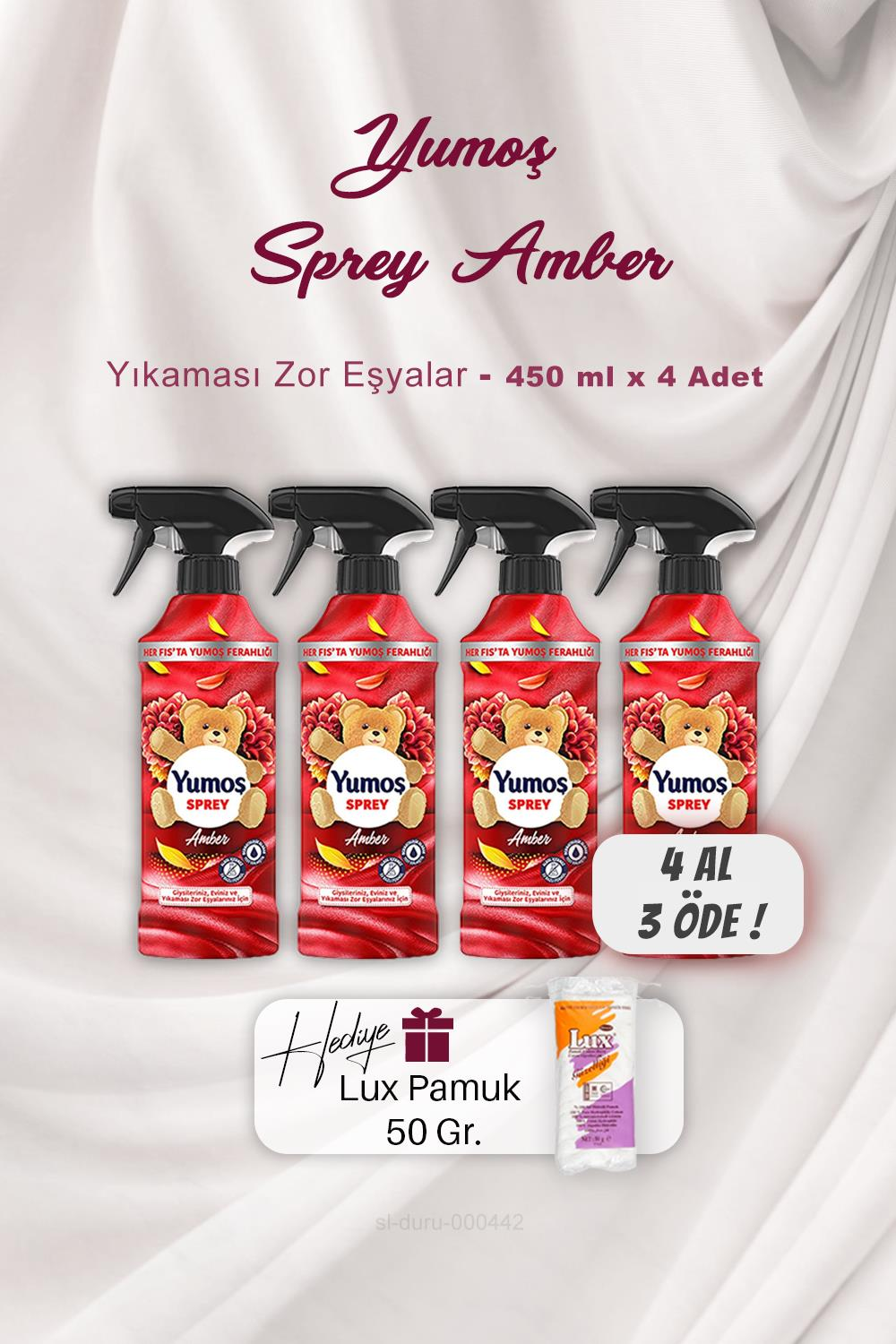 4 AL 3 ÖDE Yumoş Sprey Amber 450 ml, Pamuk Hediyeli