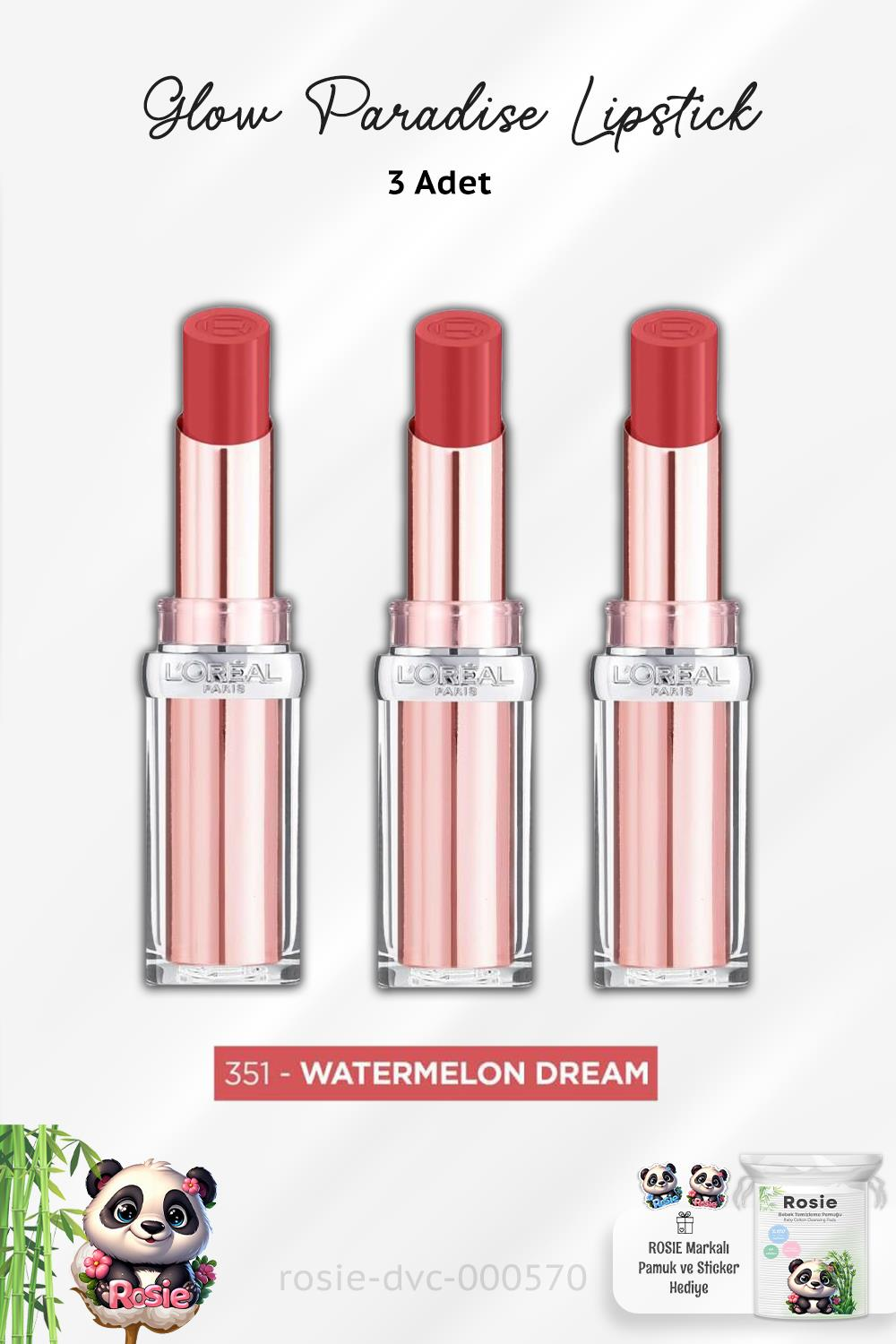 3 Adet Loreal Paris Glow Paradise Lipstick 351 Watermelon Dream ve ROSIE Pamuk