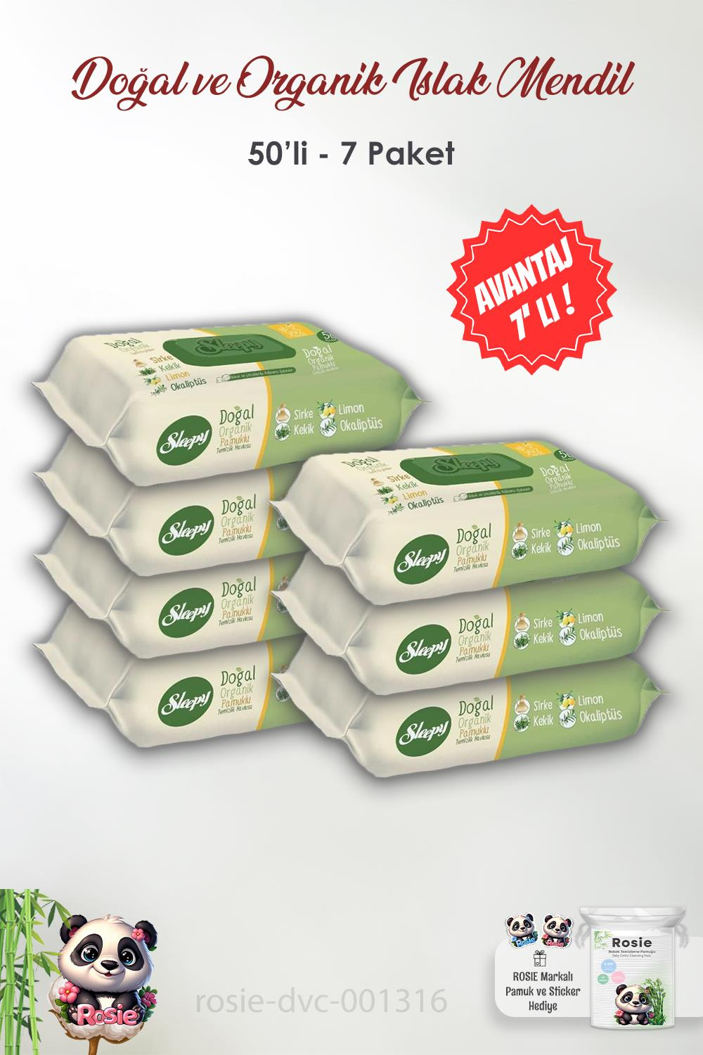 7 Adet Sleepy Doğal Ve Organik Islak Mendil 50'li ve ROSIE