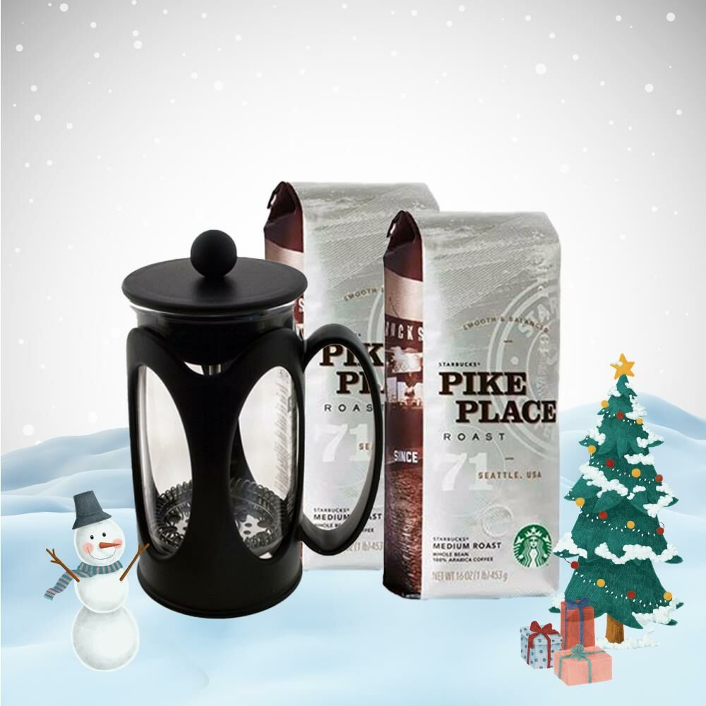 Starbucks Pike Place Roast Çekirdek Kahve x 2 ve French Press Hediyeli Yılbaşı Seti