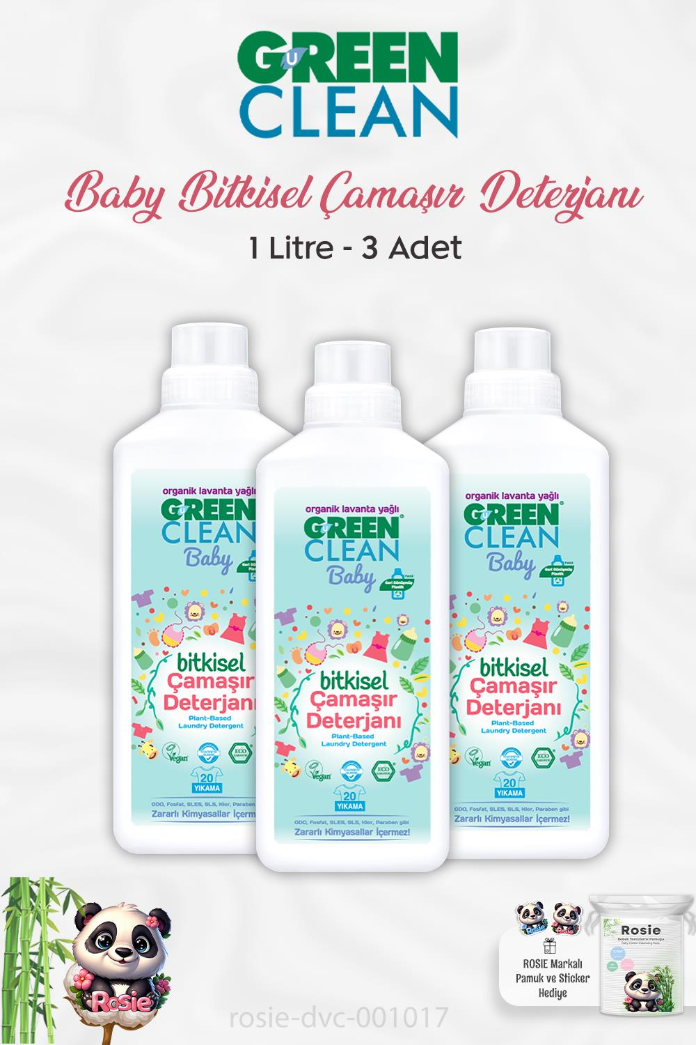 3 Adet Green Clean Baby Bitkisel Çamaşır Deterjanı 1 lt ve ROSIE