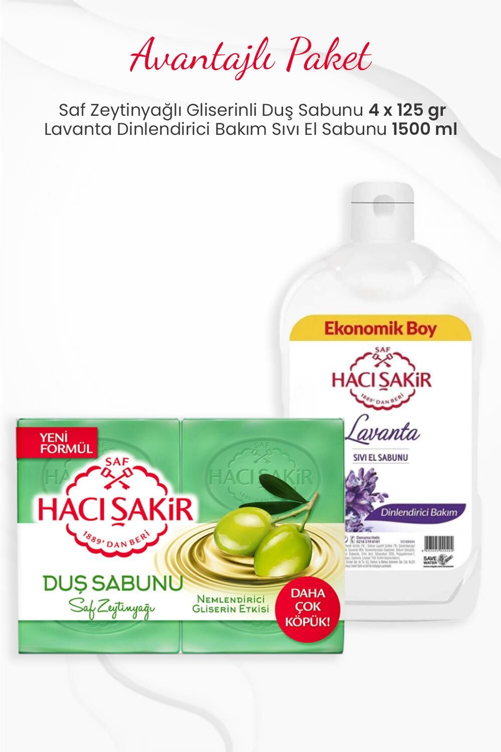 Hacı Şakir 4'lü Saf Zeytinyağlı Gliserinli Duş Sabunu ve Lavanta Sıvı El Sabunu 1500 ml