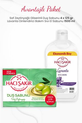 Hacı Şakir 4'lü Saf Zeytinyağlı Gliserinli Duş Sabunu ve Lavanta Sıvı El Sabunu 1500 ml