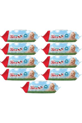 Baby Turco Islak Havlu Mendil Klasik 90 Yaprak 9'lu Set Plastik Kapaklı 810 Yaprak