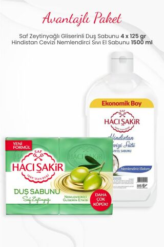 Hacı Şakir 4'lü Saf Zeytinyağlı Duş Sabunu ve Hindistan Cevizi Sıvı El Sabunu 1500 ml