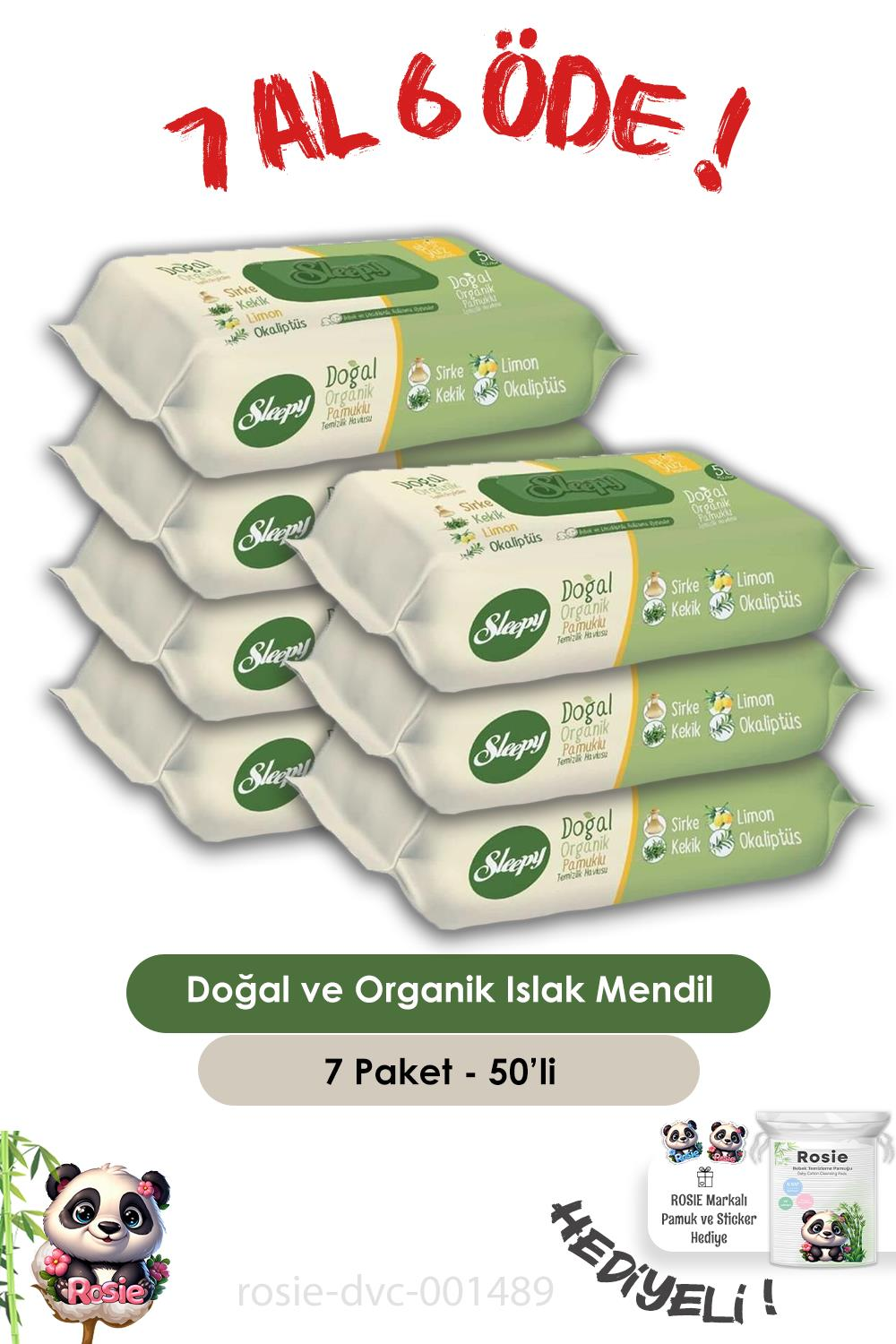Sleepy 7 AL 6 ÖDE Doğal Ve Organik Islak Mendil 50 Adet ve ROSIE